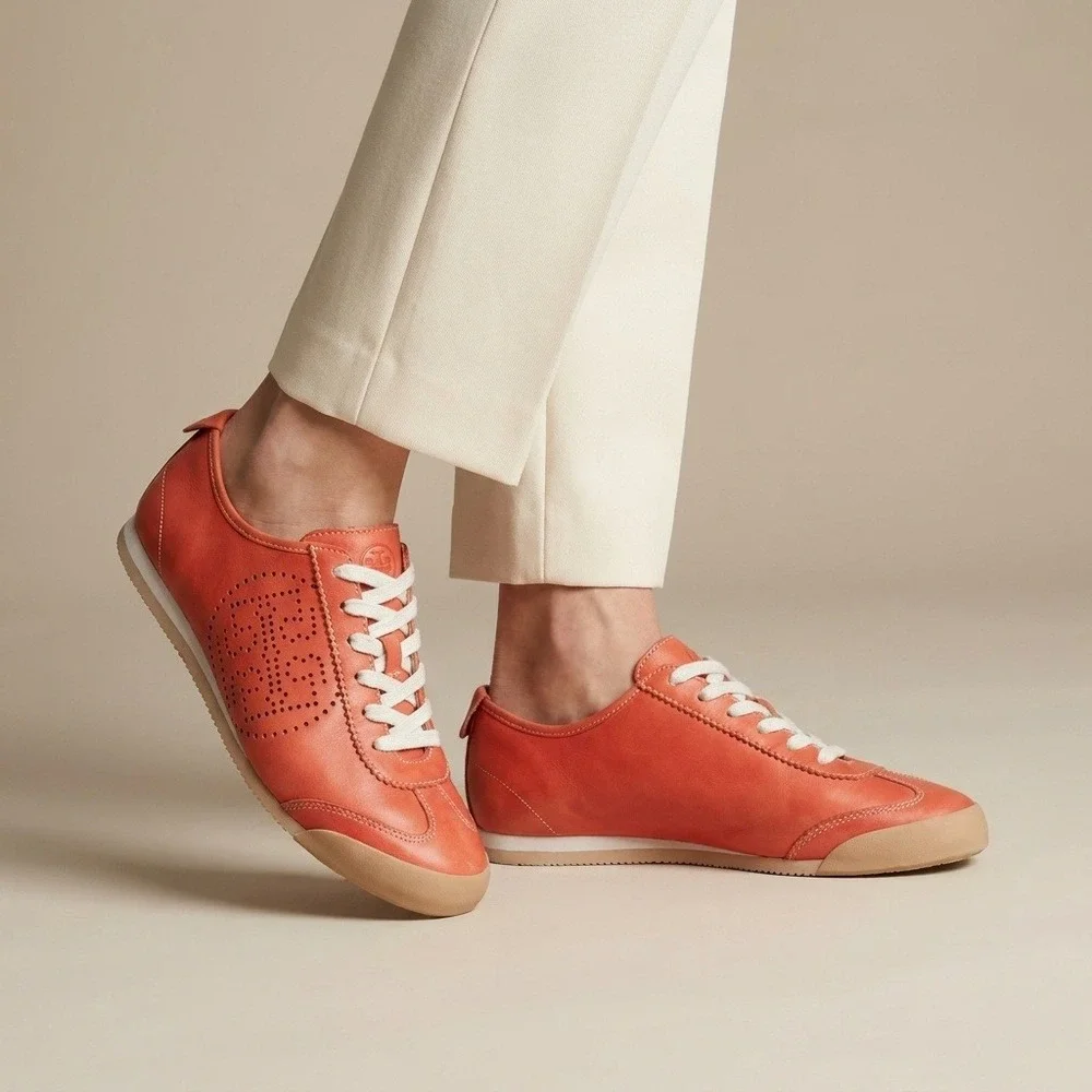 Tory Burch Women Orange Leather Perforated Logo Low Top Sneakers 9M 11128500